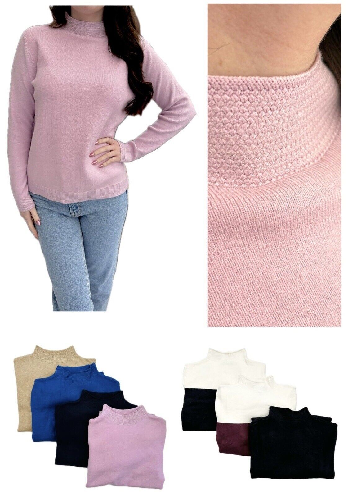 Ex Famous Store Brand Ladies Jumper Funnel Neck Blue Black Lilac Beige Navy Cosy Soft Sweater