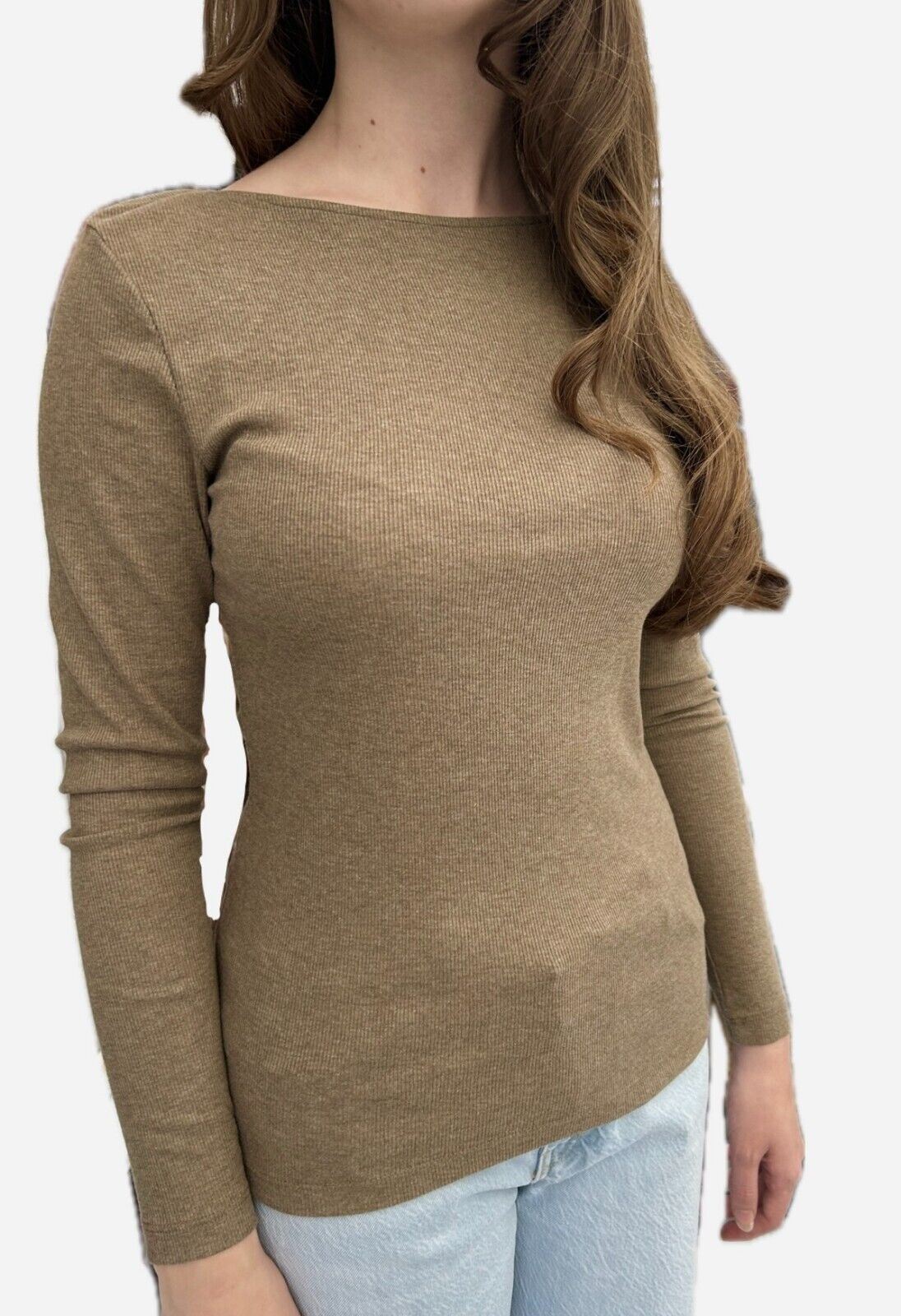 Ladies Marks Ribbed Boat Neck Top Cotton Slash Neck Brown Black Long Sleeved