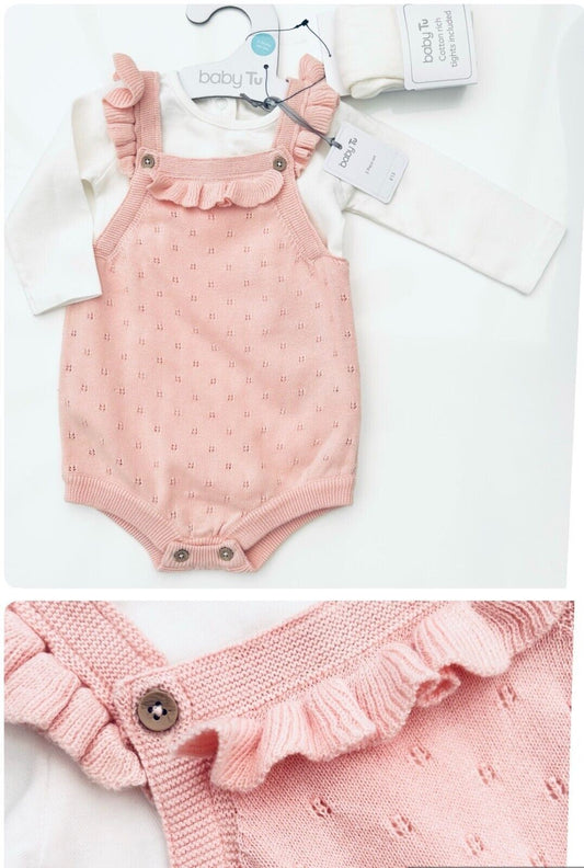 Baby Girls T* Knitted Romper Bodysuit Set Pink Fine Pointelle Knit Spanish Frill
