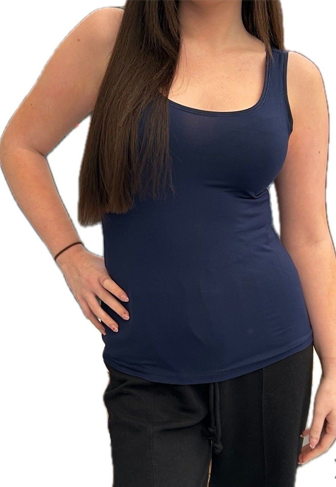 Ex Famous Store Brand Ladies Vest Navy White Modal Rich Layering Base Sleep Wide Strap