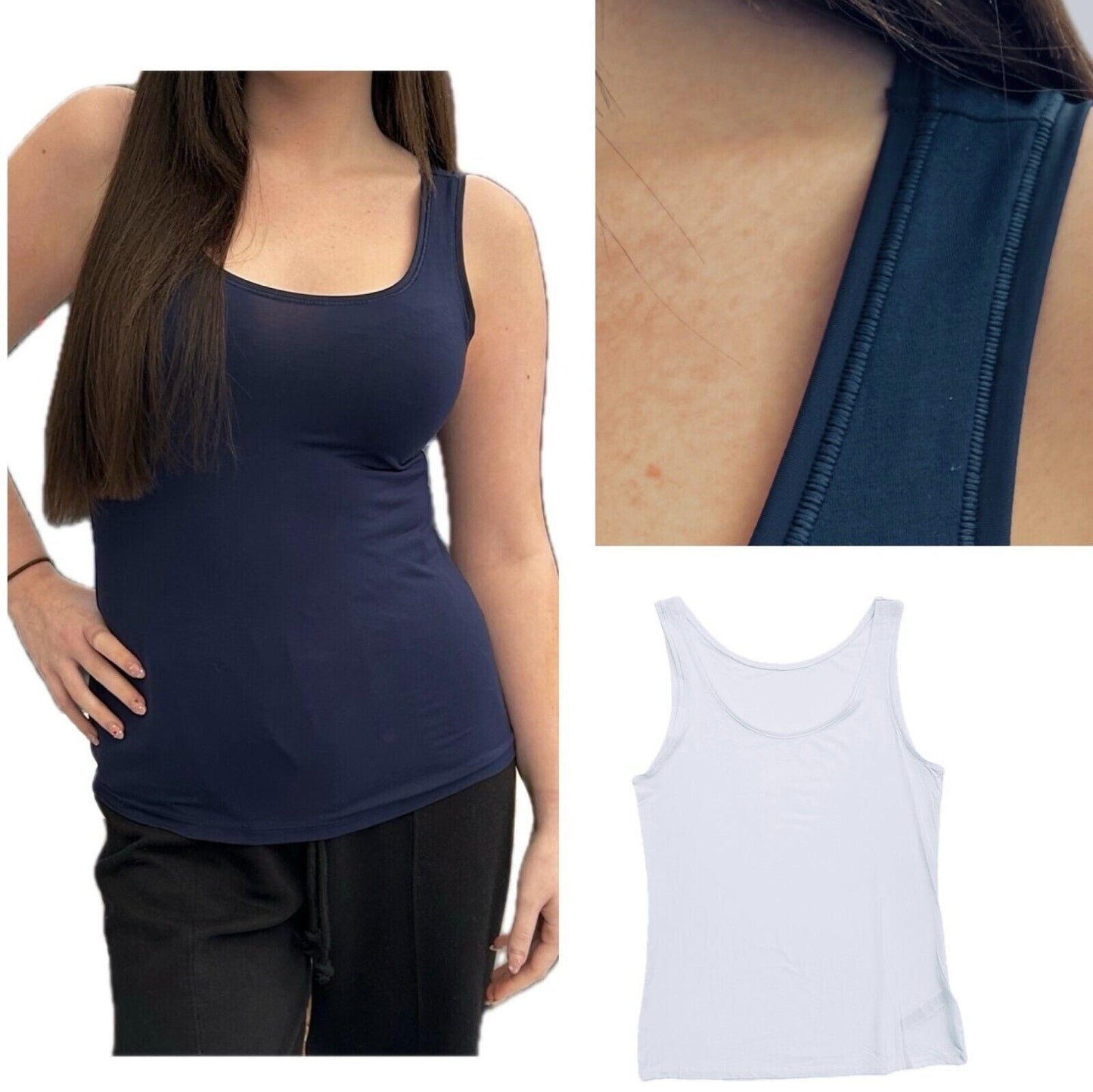 Ex Famous Store Brand Ladies Vest Navy White Modal Rich Layering Base Sleep Wide Strap
