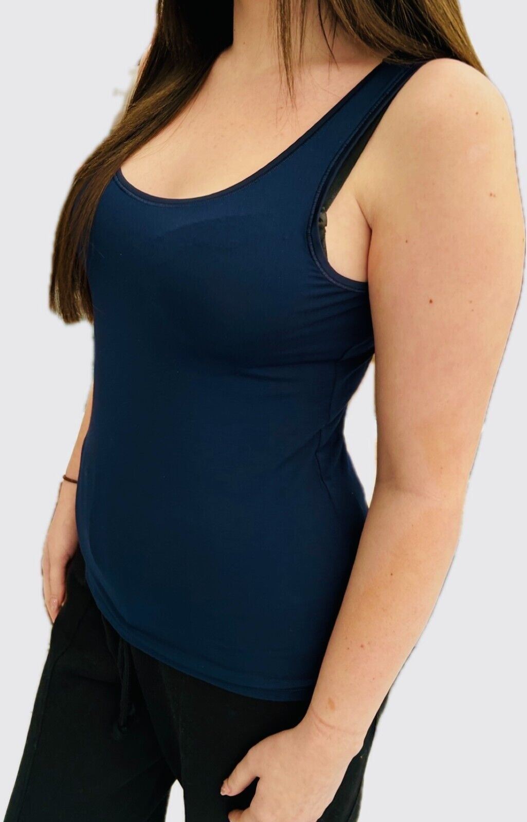 Ex Famous Store Brand Ladies Vest Navy White Modal Rich Layering Base Sleep Wide Strap