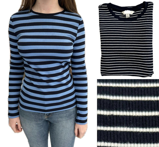 Ladies Marks Ribbed Striped Top Crew Neck Cotton Long Sleeve Navy Fitted Rib