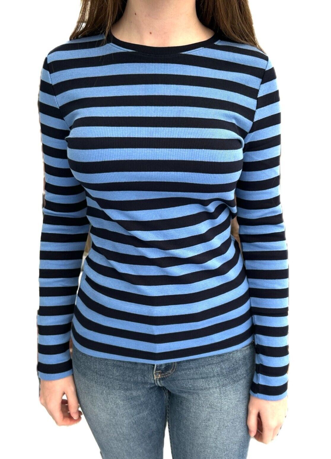 Ladies Marks Ribbed Striped Top Crew Neck Cotton Long Sleeve Navy Fitted Rib