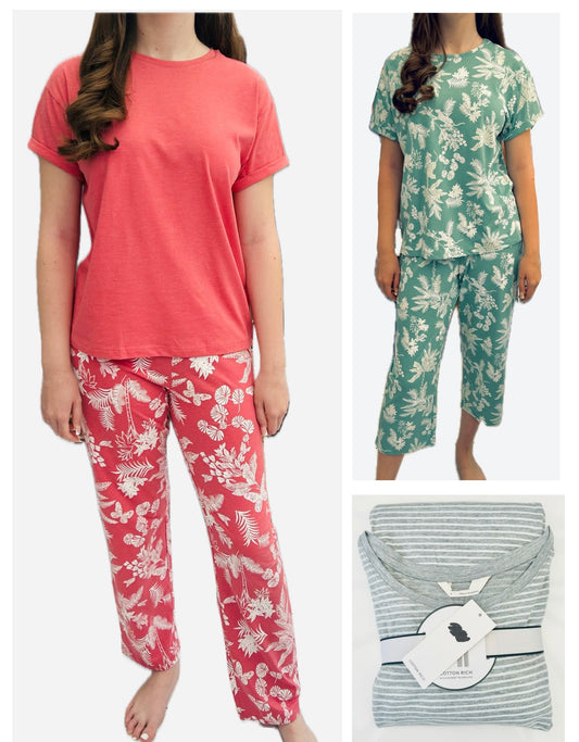 Ladies Cotton Rich Pyjamas Set Famous Store Grey Striped Crop Full Length Short Sleeved