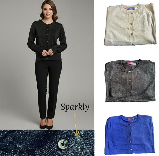 Ladies Sparkle Cardigan Crew Neck Long Sleeve Black Gold Deep Cuff Famous Store