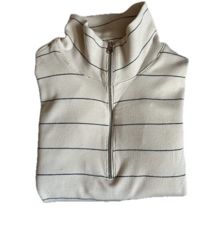 Ladies Marks Ribbed Top Zip High Neck Long Sleeved Striped Navy Cotton T-shirt