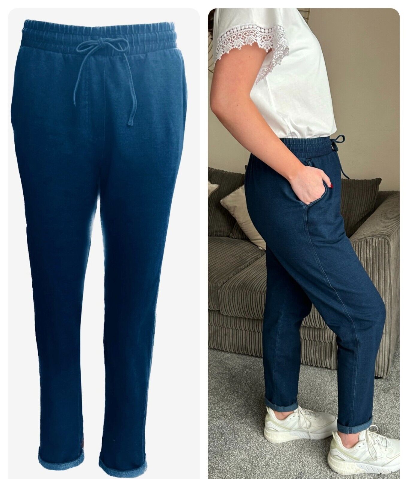 Ex Famous Store Brand Ladies Denim Joggers Stretchy Dark Blue Tapered Ankle Grazer High Waist