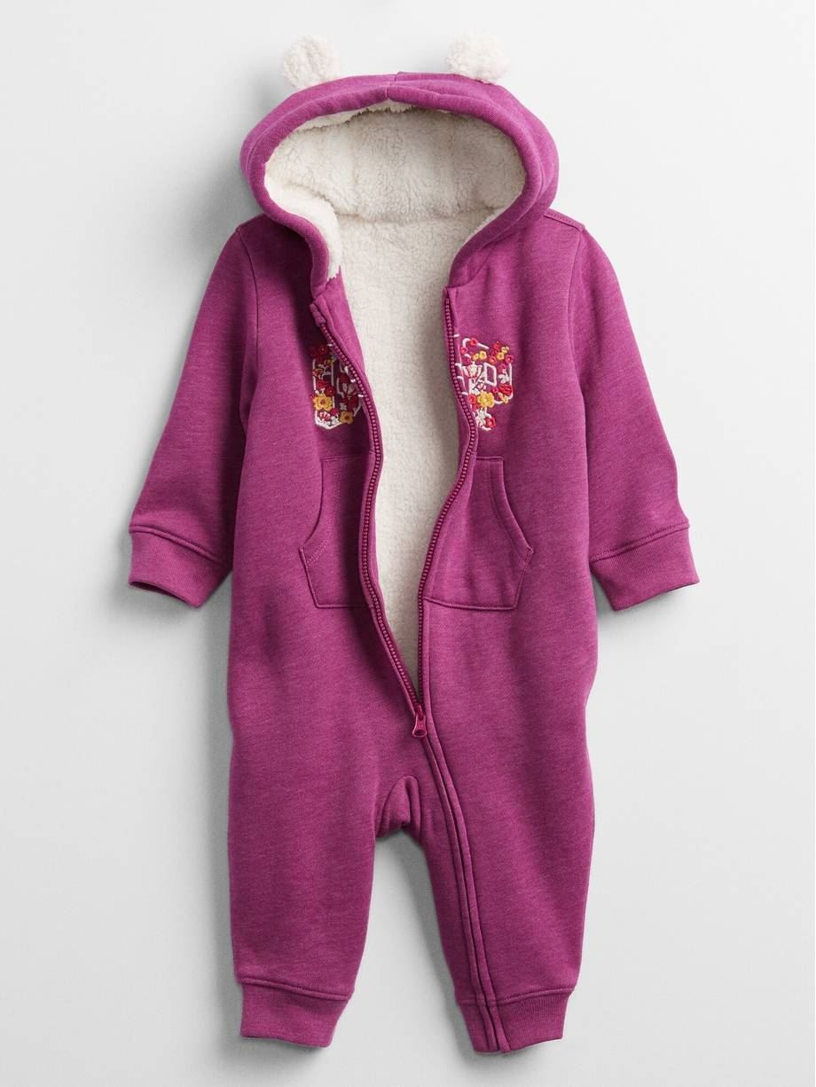 Baby G*P Logo Pramsuit Teddy Fleece Sherpa Warm Snowsuit Hooded Ears Furry