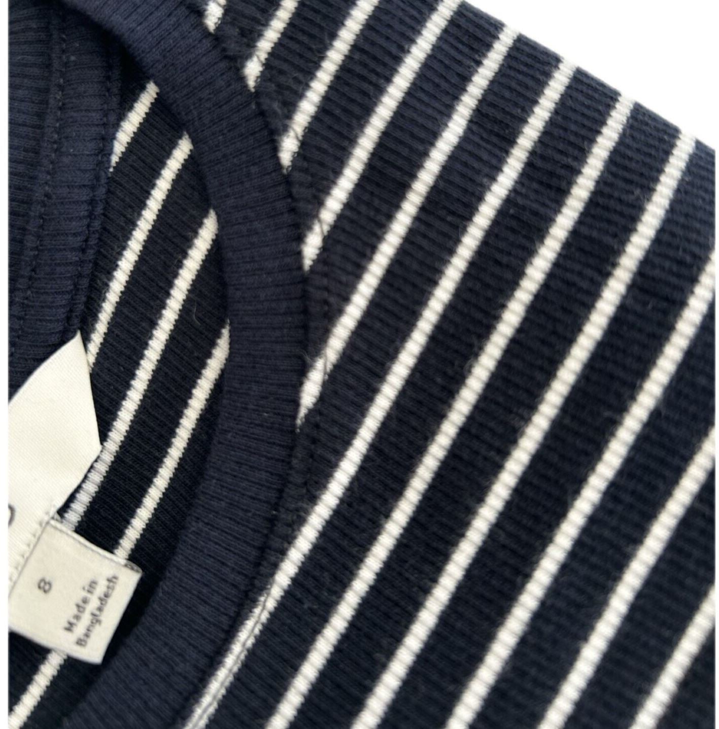 Ladies Marks Ribbed Striped Top Crew Neck Cotton Long Sleeve Navy Fitted Rib