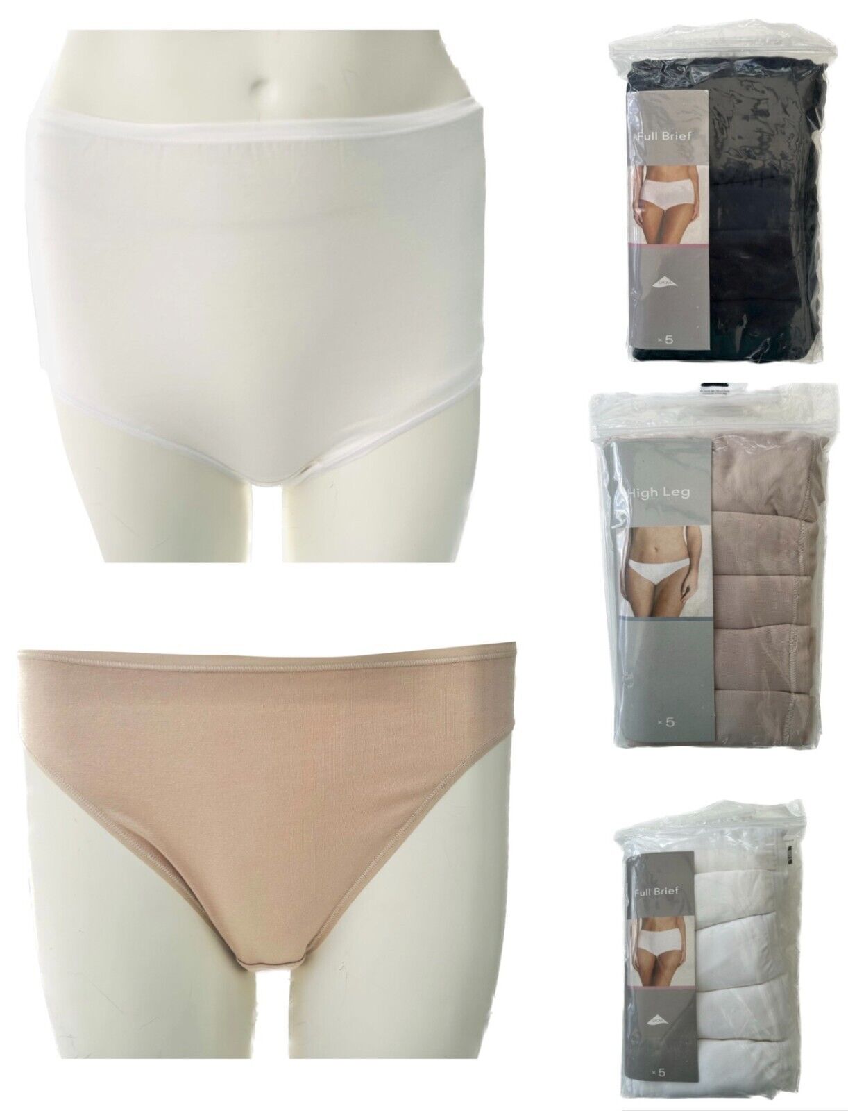 Ex Famous Store Brand Ladies 5 Pack Knickers Cotton Modal Nude White Black  No VPL Full Briefs High
