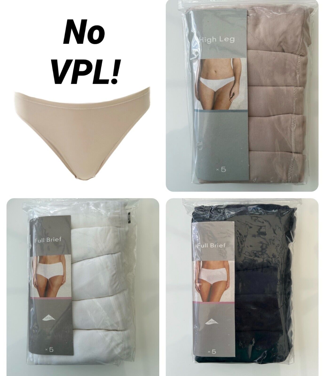 Ex Famous Store Brand 5 Pack Non VPL Knickers Microfibre Nude White Black High leg Full Briefs