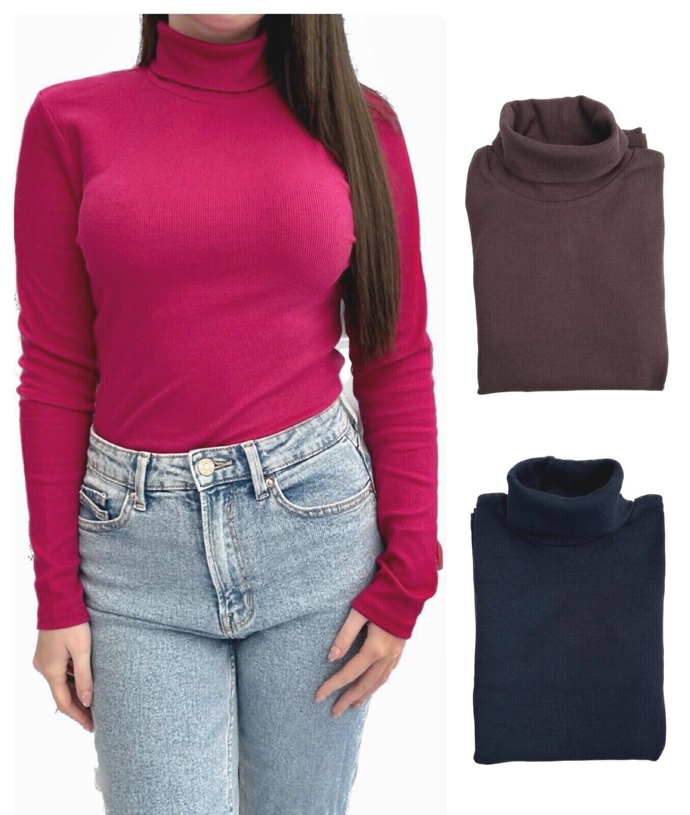 Ex Famous Store Brand Ladies Ribbed Roll Neck Top Cotton Rich Slim Pink Navy Brown Long Sleeved
