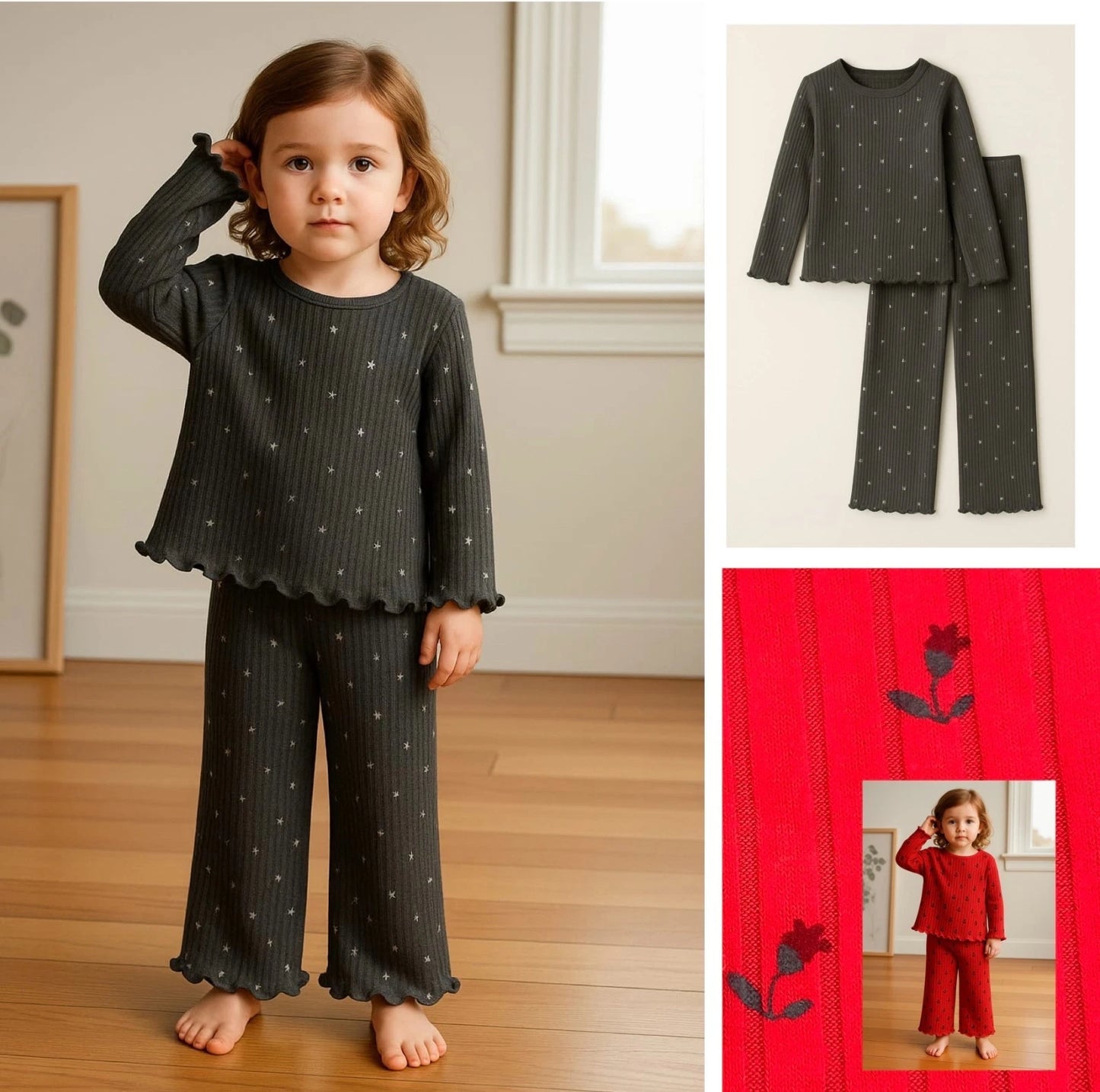 Girls Ex Marks Ribbed Cosy Pyjama's Lounge Set Grey Star Red Floral