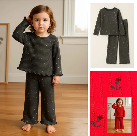 Girls Ex Marks Ribbed Cosy Pyjama's Lounge Set Grey Star Red Floral