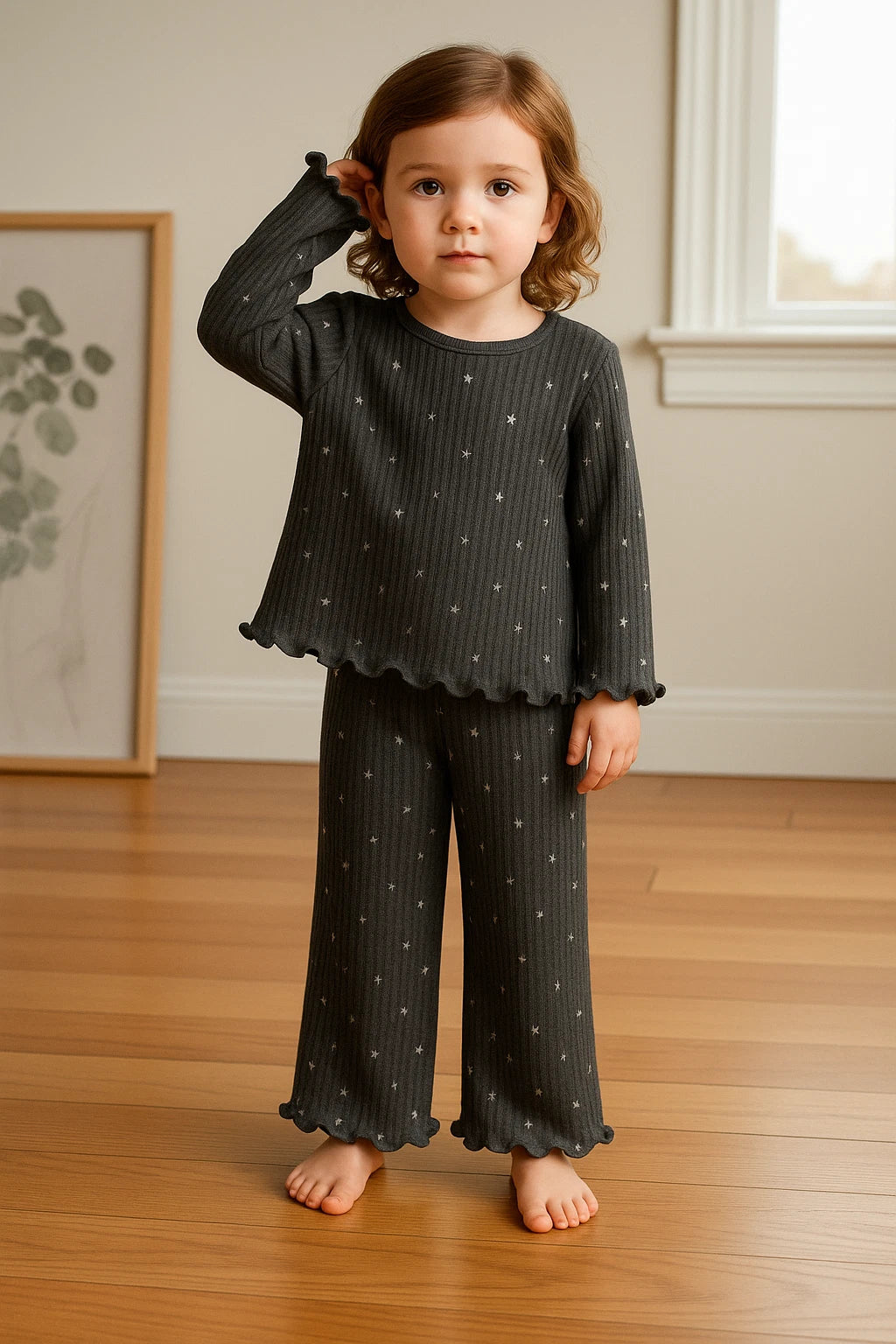 Girls Ex Marks Ribbed Cosy Pyjama's Lounge Set Grey Star Red Floral