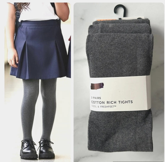 Girls Ex Famous Store Grey School Tights 3 Pack Knitted Cotton Rich Reinforced Toes Crotch