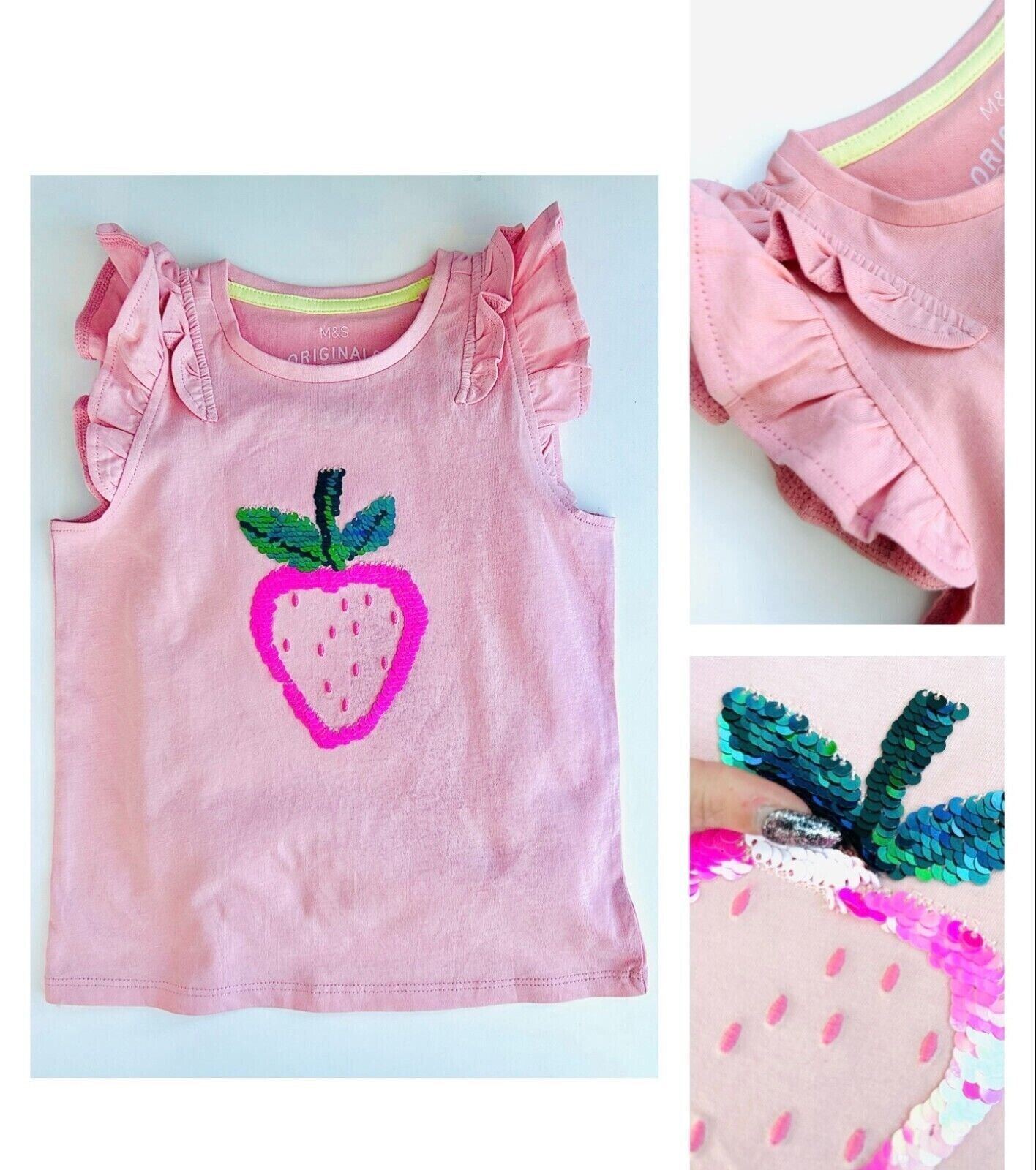 Ex Famous Store Brand Girls Frilly Sleeve T-Shirt Top Flip Sequin Pink Strawberry Summer Vest