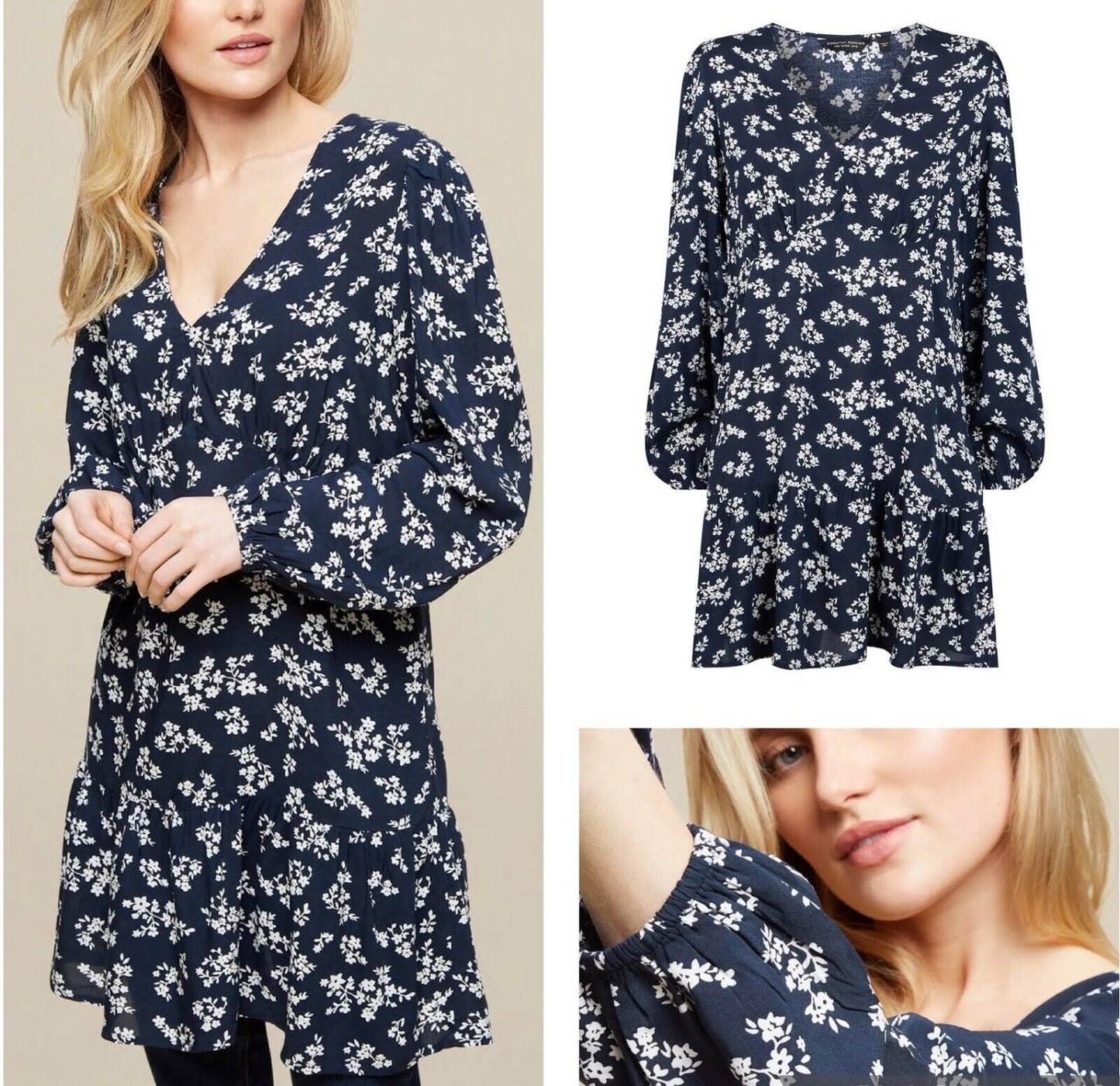 Ladies Floral Tunic Dress D*rothy P*rkins Navy White Long Sleeved Tiered