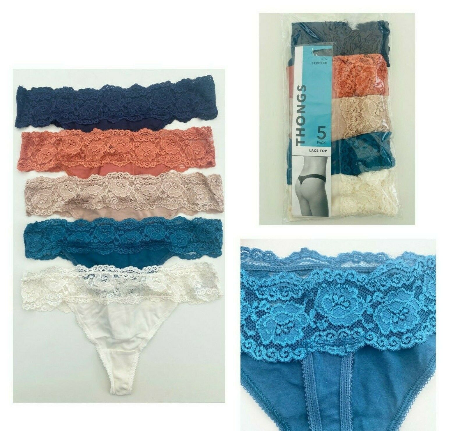 Ladies 5 Pack Thongs G*orge Multi-Pack Lace Top Cotton Knickers