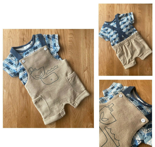N**t Baby Boys Dungaree Outfit Organic Cotton Summer Whale Shorty Romper Set