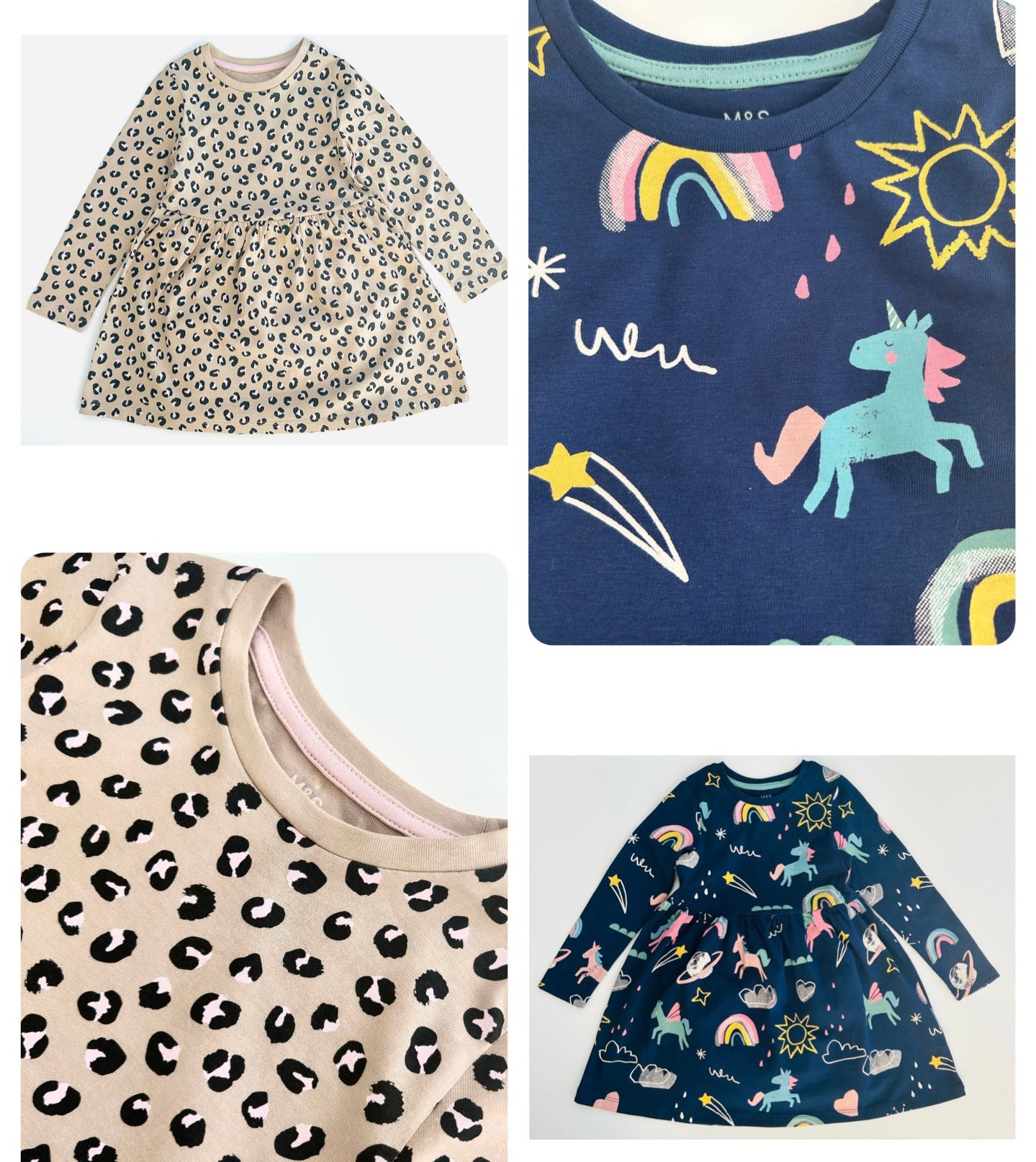 Ex Famous Store Brand Girls Cotton Dress Navy Rainbow Unicorn Animal Long Sleeved Soft Skater