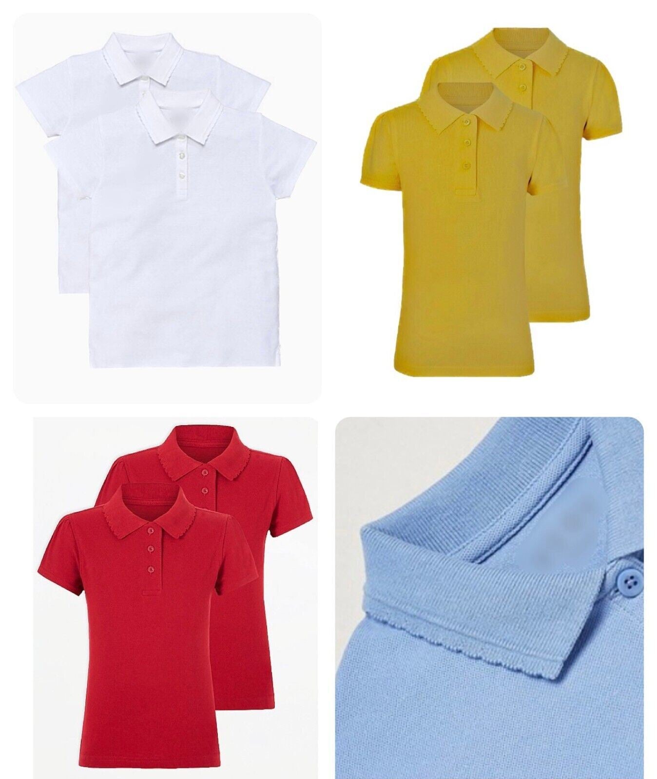 Girls NXT White School Polo Shirts 2 PACK Blue Red Short Sleeved Scallop Cotton