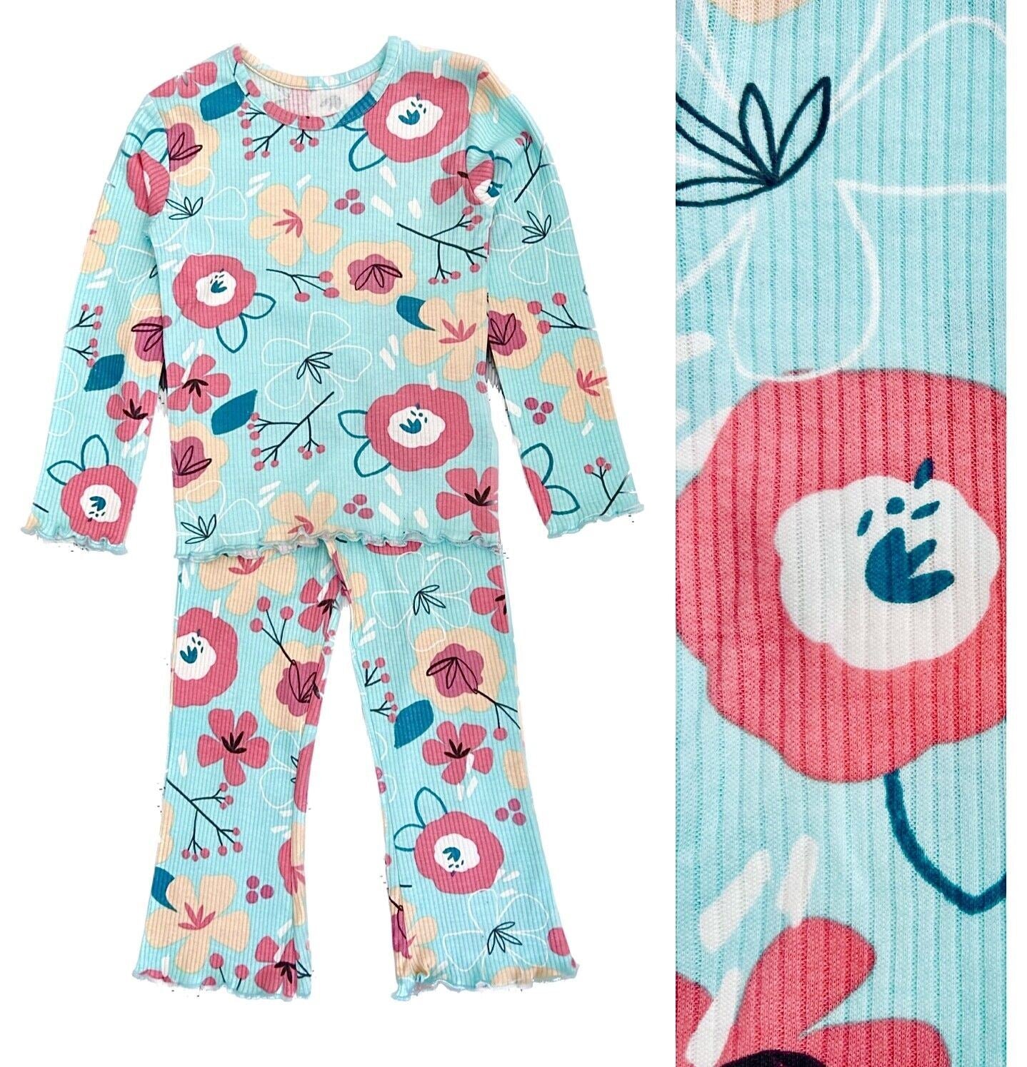 Girls Ribbed Pyjamas D*nnes Cotton Floral Pink Aqua Flared Long Sleeved Pjs