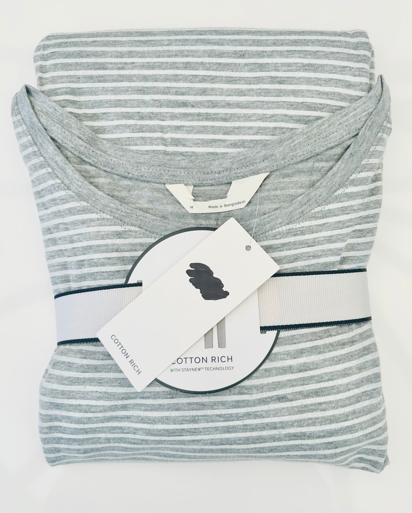Ladies Cotton Rich Pyjamas Set Famous Store Grey Striped Crop Full Length Short Sleeved