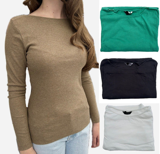 Ladies Marks Ribbed Boat Neck Top Cotton Slash Neck Brown Black Long Sleeved