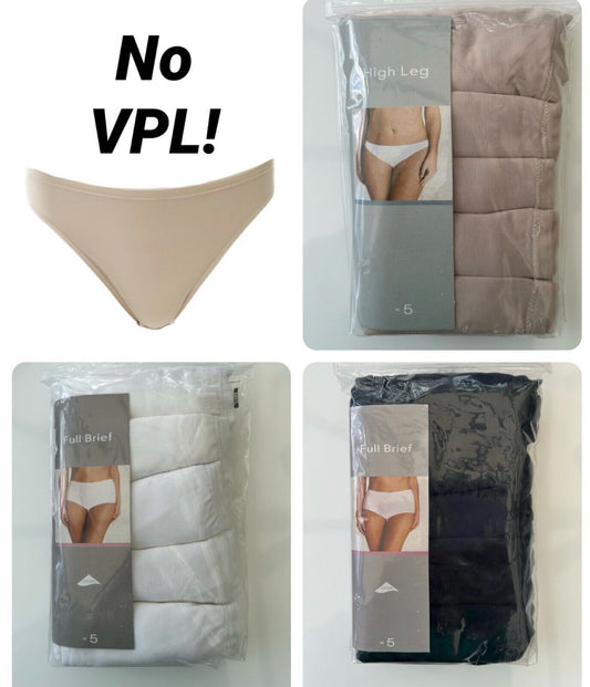 Ex Famous Store Brand 5 Pack Non VPL Knickers Microfibre Nude White Black High leg Full Briefs