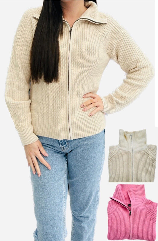 Ex Famous Store Brand Ladies Chunky Knit Zip High Neck Ribbed Cardigan Pink Beige Winter Warm