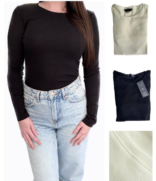 Ex Famous Store Brand Ladies Ribbed Slim fit Top Crew Neck Cotton Rich Long Sleeved Black White