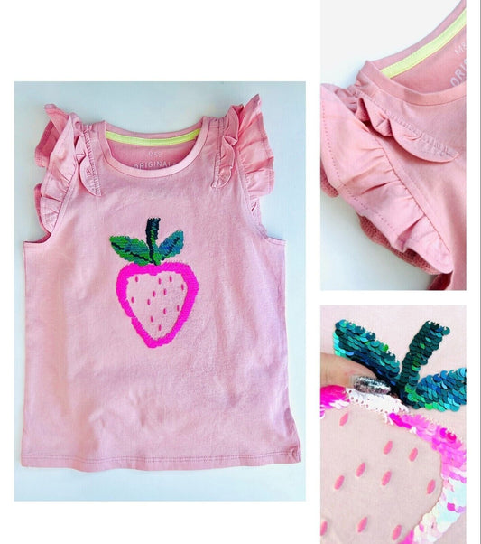 Ex Famous Store Brand Girls Frilly Sleeve T-Shirt Top Flip Sequin Pink Strawberry Summer Vest