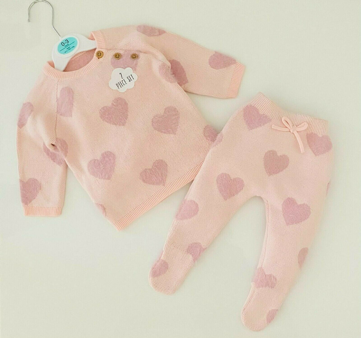 Baby Girls G*orge Knitted Outfit Pink Fluffy Hearts 2 Piece Jumper Trousers Set