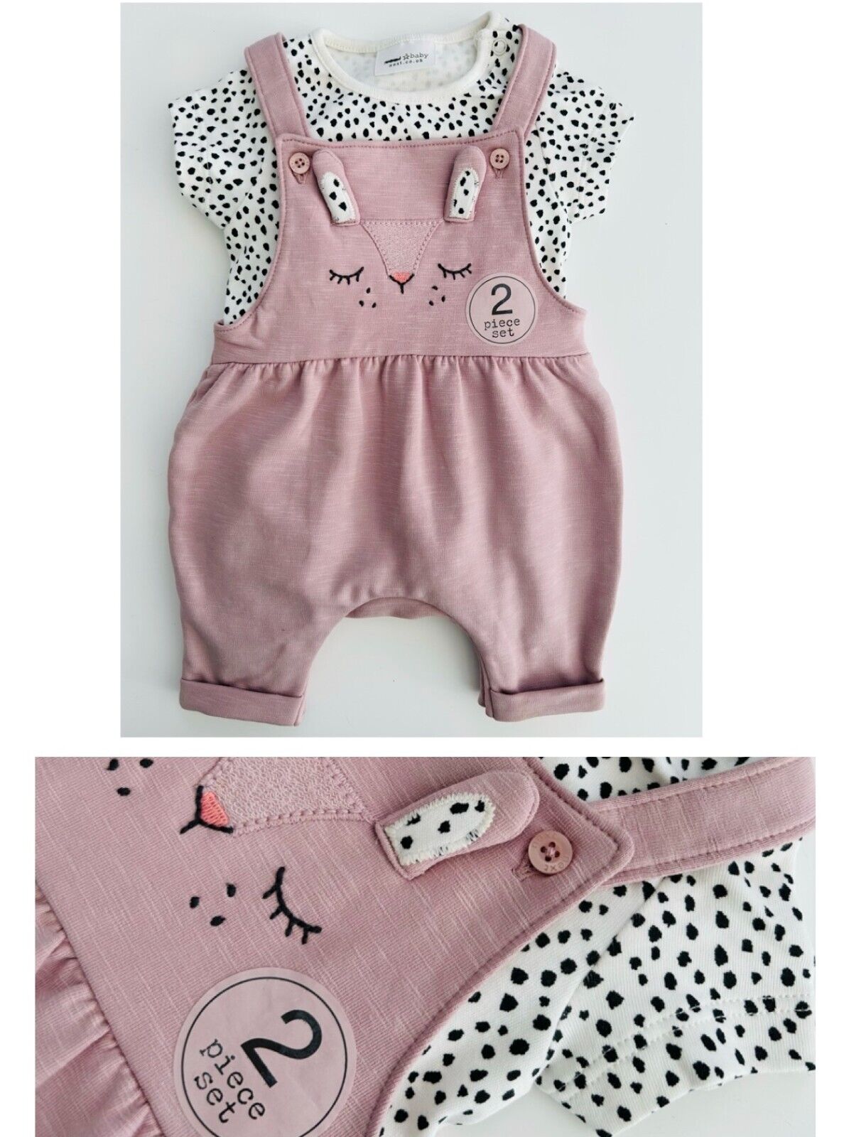 Baby Girls Dungaree Set 2 Piece Bodysuit Pink Bunny Rabbit Cotton Outfit